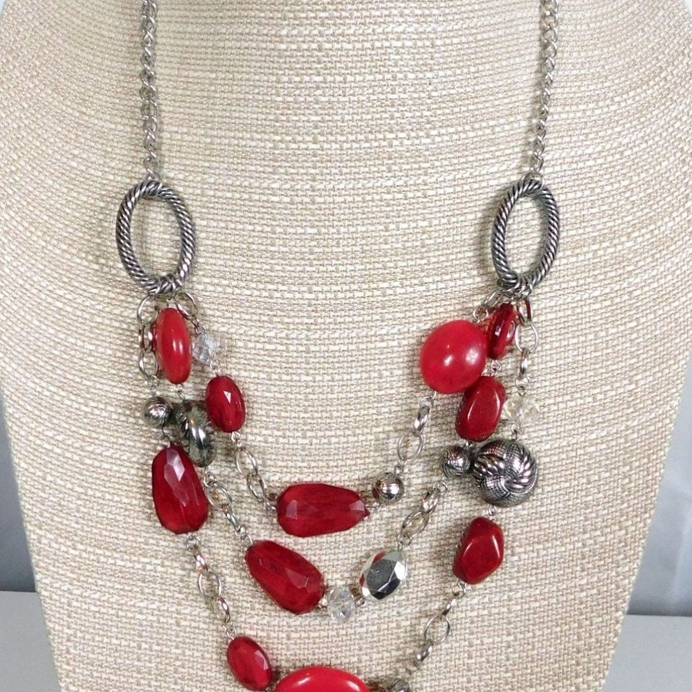Triple Layer Beaded Necklace Red Silvertone Beads Lobster Claw Clasp 21" Extende